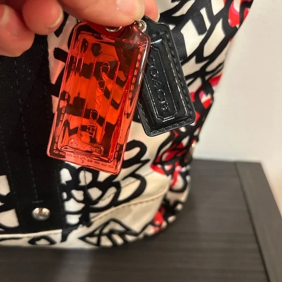 Coach Poppy Kyra floral tote bag in black and white nylon with red accents EUC - Picture 3 of 13